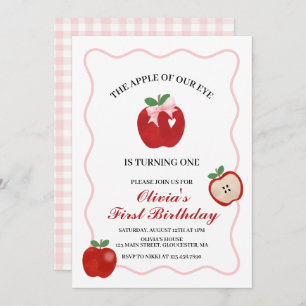 Apple Pink Bow preppy Coquette 1st birthday Invitation