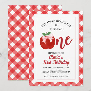 Apple Pink Bow preppy Coquette 1st birthday Invitation