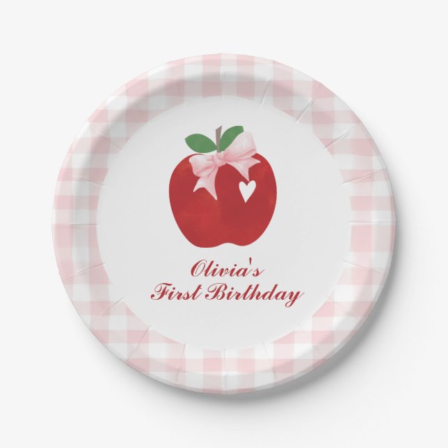 Apple Pink Bow preppy Coquette 1st birthday Paper Plate (Front)