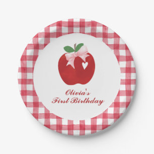 Apple Pink Bow preppy Coquette 1st birthday Paper Plate