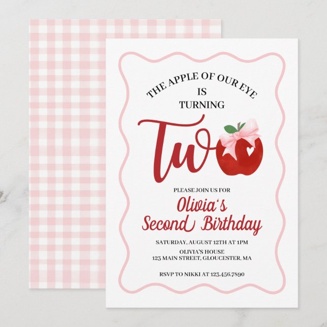 Apple Pink Bow preppy Coquette 2nd birthday Invitation (Front/Back)