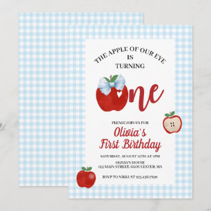 Apple preppy blue gingham Coquette 1st birthday Invitation