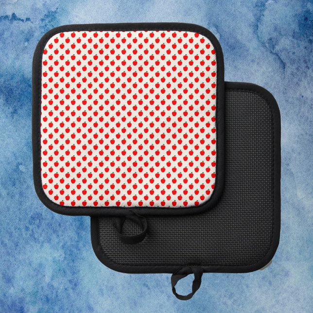 Apple Red Fruit Pattern Pot Holder (A cute pot holder with a pattern of red apples with green leaves.)