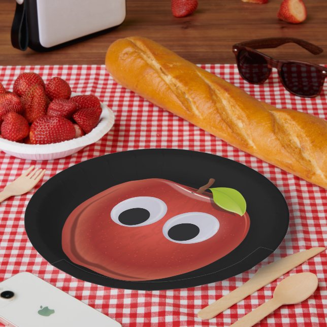 Apple, red fruit with googly eyes - Personalized Paper Plate (Picnic)
