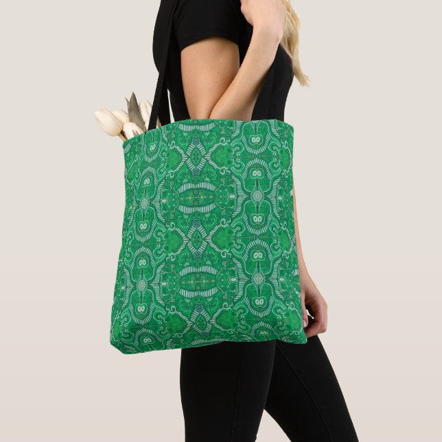 Apple Stripe Bohemian Boho Arabesque Pattern Green Tote Bag (Close Up)