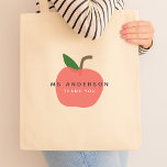 Apple Teacher | Modern Name Thank You Tote Bag<br><div class="desc">A simple, stylish, vibrant apple fruit graphic design badge in a fun, trendy, scandinavian minimalist style in shades or red pink and green which can be easily personalized with your teachers name by replacing "Ms Anderson" and a tagline replacing "Thank you" to make a truly unique thank you gift for...</div>