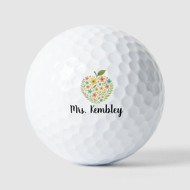 Apple Teacher name Personalized Floral Apple Golf Balls (Front)