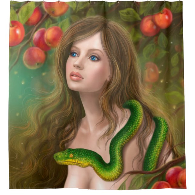 Apple temptation. Beautiful woman Eve and snake. (Front)