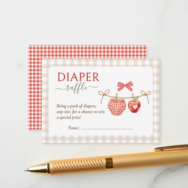 Apple theme red gingham baby shower diaper raffle  enclosure card (Front/Back In Situ)