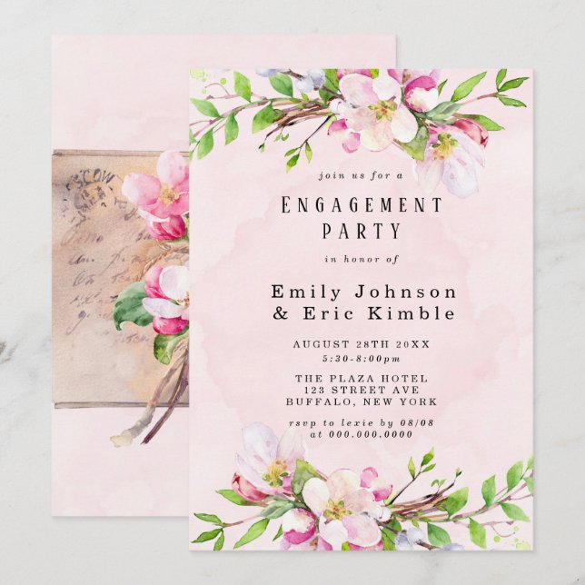 Apple Tree Blossoms Watercolor Engagement Party Invitation (Front/Back)