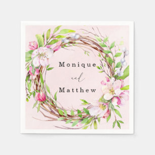 Apple Tree Blossoms Watercolor Wreath Wedding Napkin