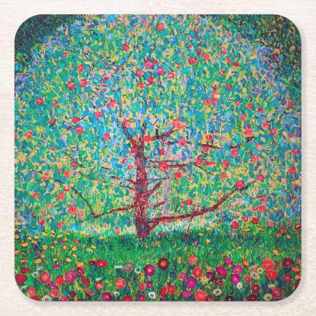 Apple Tree, Gustav Klimt Square Paper Coaster (Front)