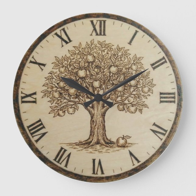 Apple Tree Wall Clock – Wood-Burned Style (Front)