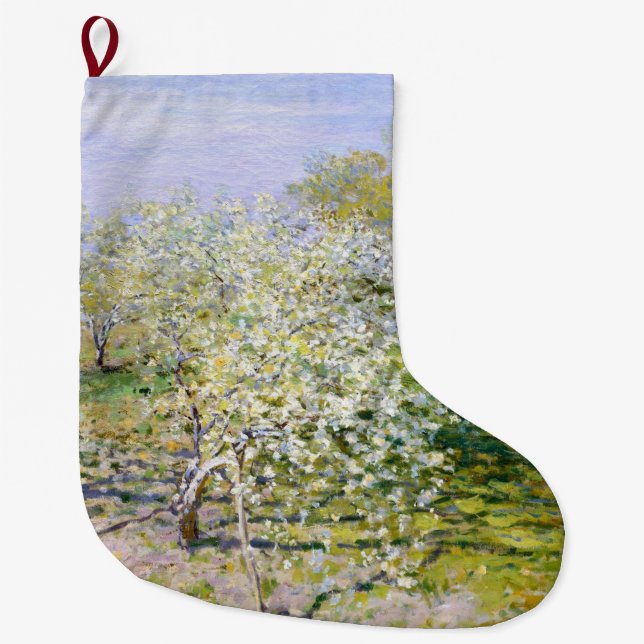 Apple Trees in Bloom (by Claude Monet) Large Christmas Stocking (Front)