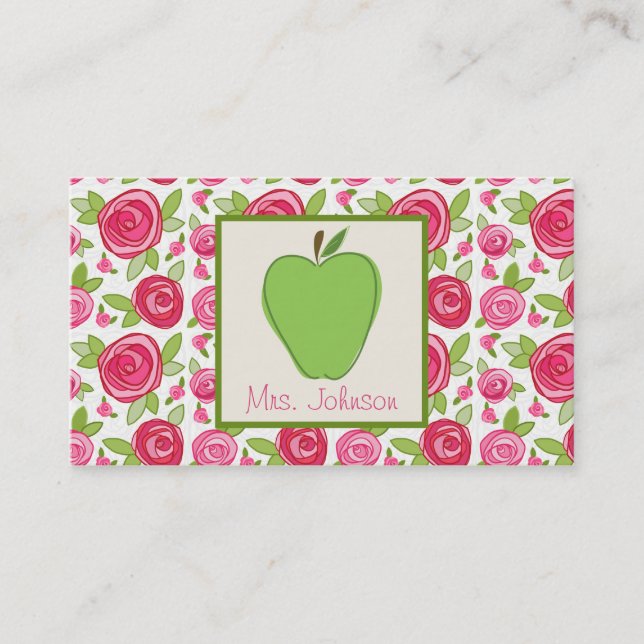 Apple vert et carte de visite rose de professeur (Devant)