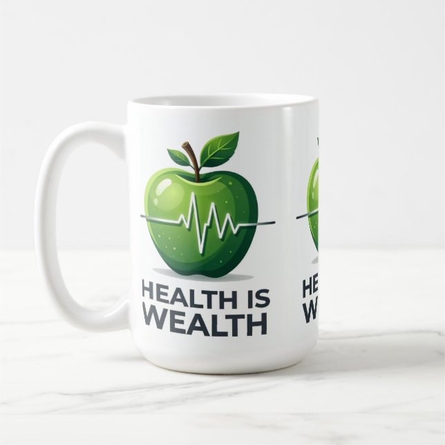 Apple with Heartbeat Pulse and Health is Wealth Coffee Mug (Left)