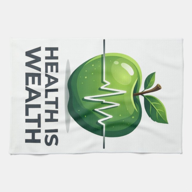 Apple with Heartbeat Pulse and Health is Wealth Kitchen Towel (Horizontal)