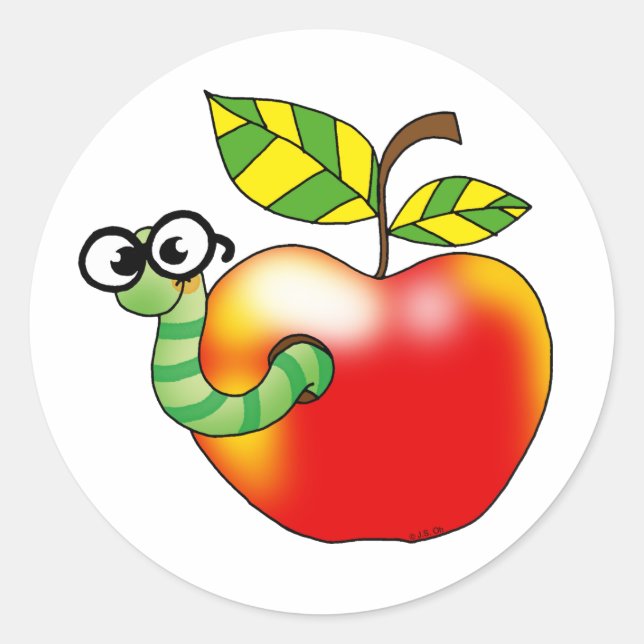 Apple & Worm, back to school Classic Round Sticker (Front)
