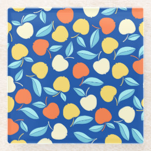 Apples leaves, blue background, seamless pattern. glass coaster