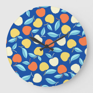 Apples leaves, blue background, seamless pattern. large clock