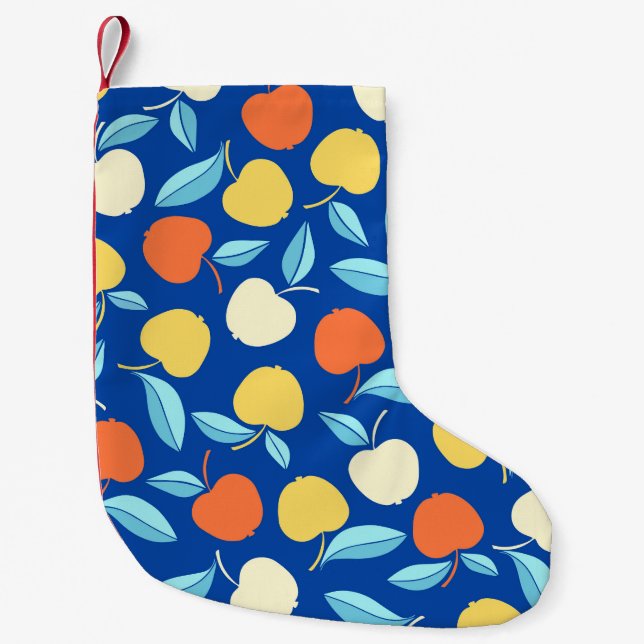 Apples leaves, blue background, seamless pattern. small christmas stocking (Front)