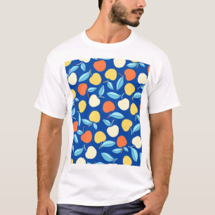 Apples leaves, blue background, seamless pattern. T-Shirt