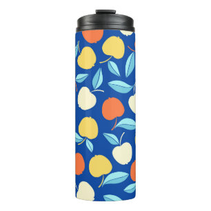 Apples leaves, blue background, seamless pattern. thermal tumbler