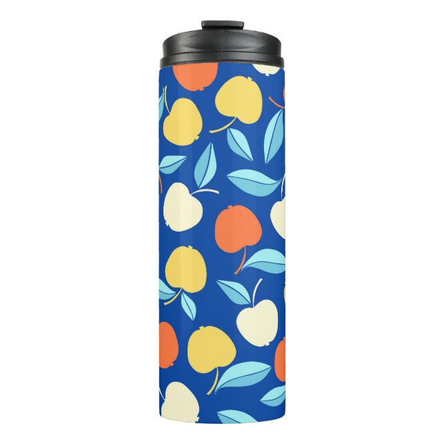 Apples leaves, blue background, seamless pattern. thermal tumbler (Front)