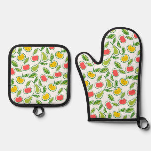 Apples Oranges and Pears Fruit Pattern Oven Mitt & Pot Holder Set