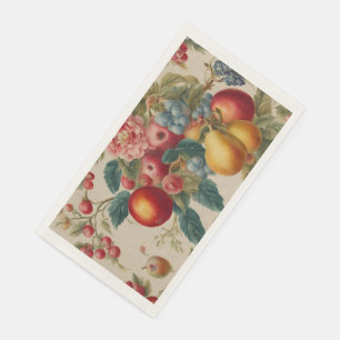 Apples, Pears, Grapes, Pink Flower. French Painted Napkin