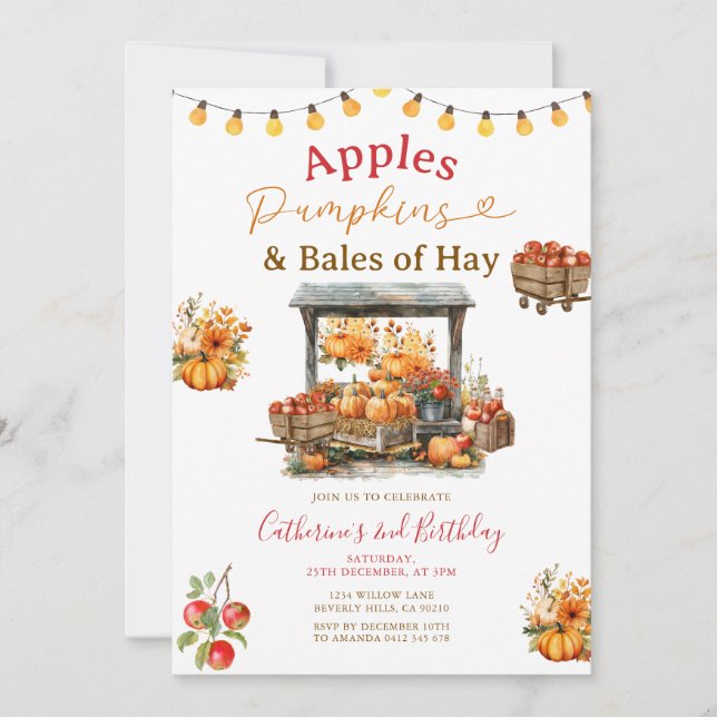Apples Pumpkins and Bales of Hay Birthday Autumn Invitation (Front)