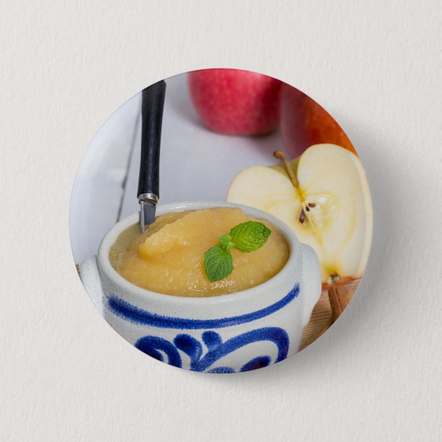 Applesauce with cinnamon in stoneware bowl 2 inch round button (Front)