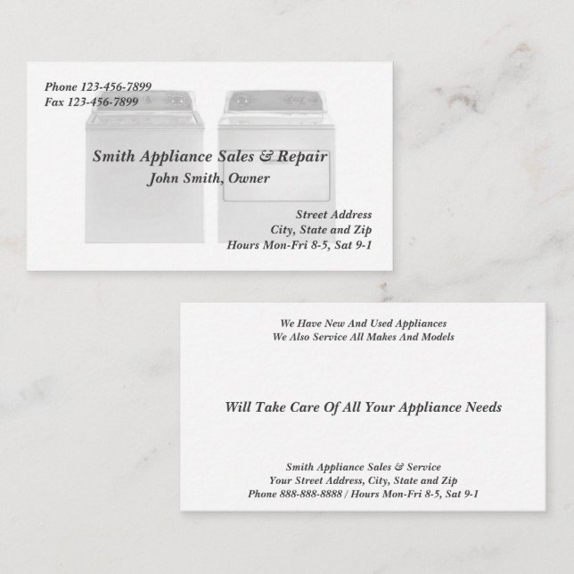 Appliance Sales and Repair Service Business Card (Front/Back)