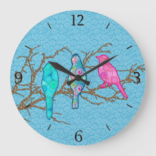Applique Birds on a Branch, Sky Blue Multi Large C Large Clock