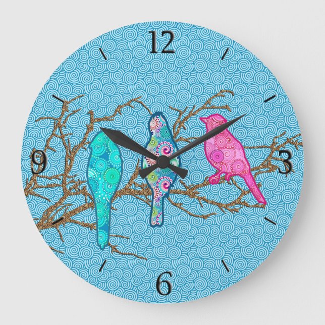 Applique Birds on a Branch, Sky Blue Multi Large C Large Clock (Front)