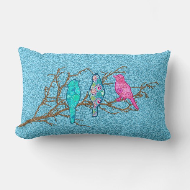 Applique Birds on a Branch, Sky Blue Multi Lumbar Pillow (Front)