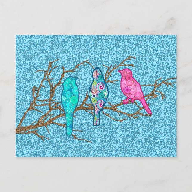 Applique Birds on a Branch, Sky Blue Multi Postcard (Front)