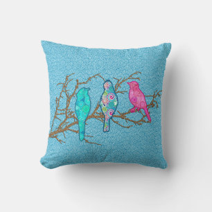 Applique Birds on a Branch, Sky Blue Multi Throw Pillow