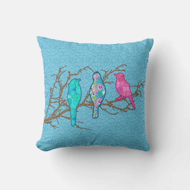 Applique Birds on a Branch, Sky Blue Multi Throw Pillow (Front)