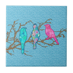 Applique Birds on a Branch, Sky Blue Multi Tile