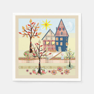 Applique, houses, village napkin