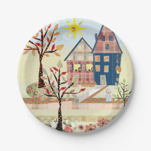 Applique, houses, village, patchwork, quilting, fl paper plate