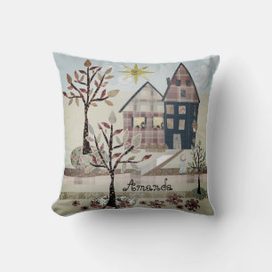 Applique, houses, village, patchwork, quilting, fl throw pillow