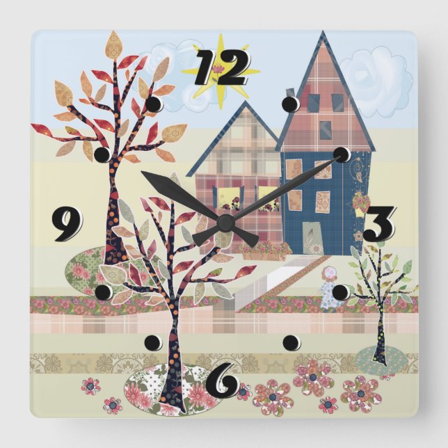 Applique, houses, village square wall clock (Front)