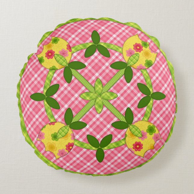 Applique Tulips Round Pillow, Pink-Green Round Pillow (Front)