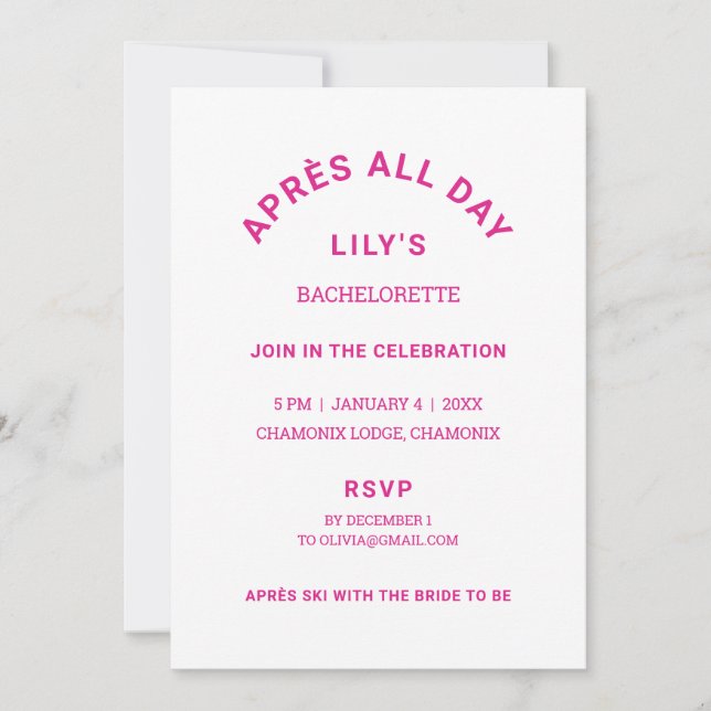 Après All Day Hot Pink Bachelorette Ski Theme Invitation (Front)