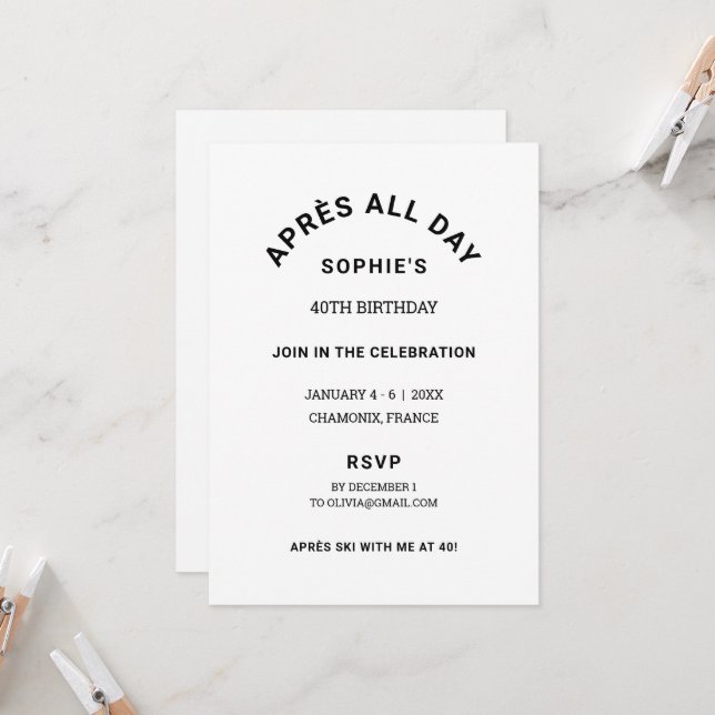 Après All Day Winter 40th Birthday Ski Weekend Invitation (Front/Back In Situ)