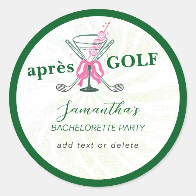 Aprés Golf Martini Coquette Bow Bachelorette Party Classic Round Sticker (Front)