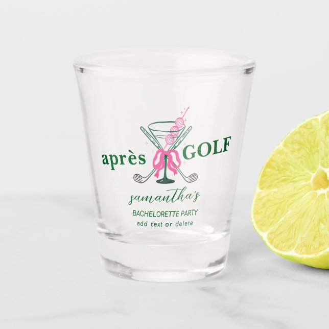 Aprés Golf Martini Coquette Bow Bachelorette Party Shot Glass (Front)