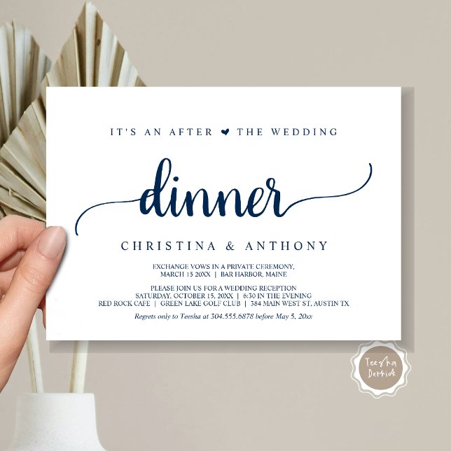 Après le dîner de mariage, Invitation de mariage e (It's An After The Wedding Dinner, Elopement Invitation Card, Modern Rustic Script in Navy Blue.)